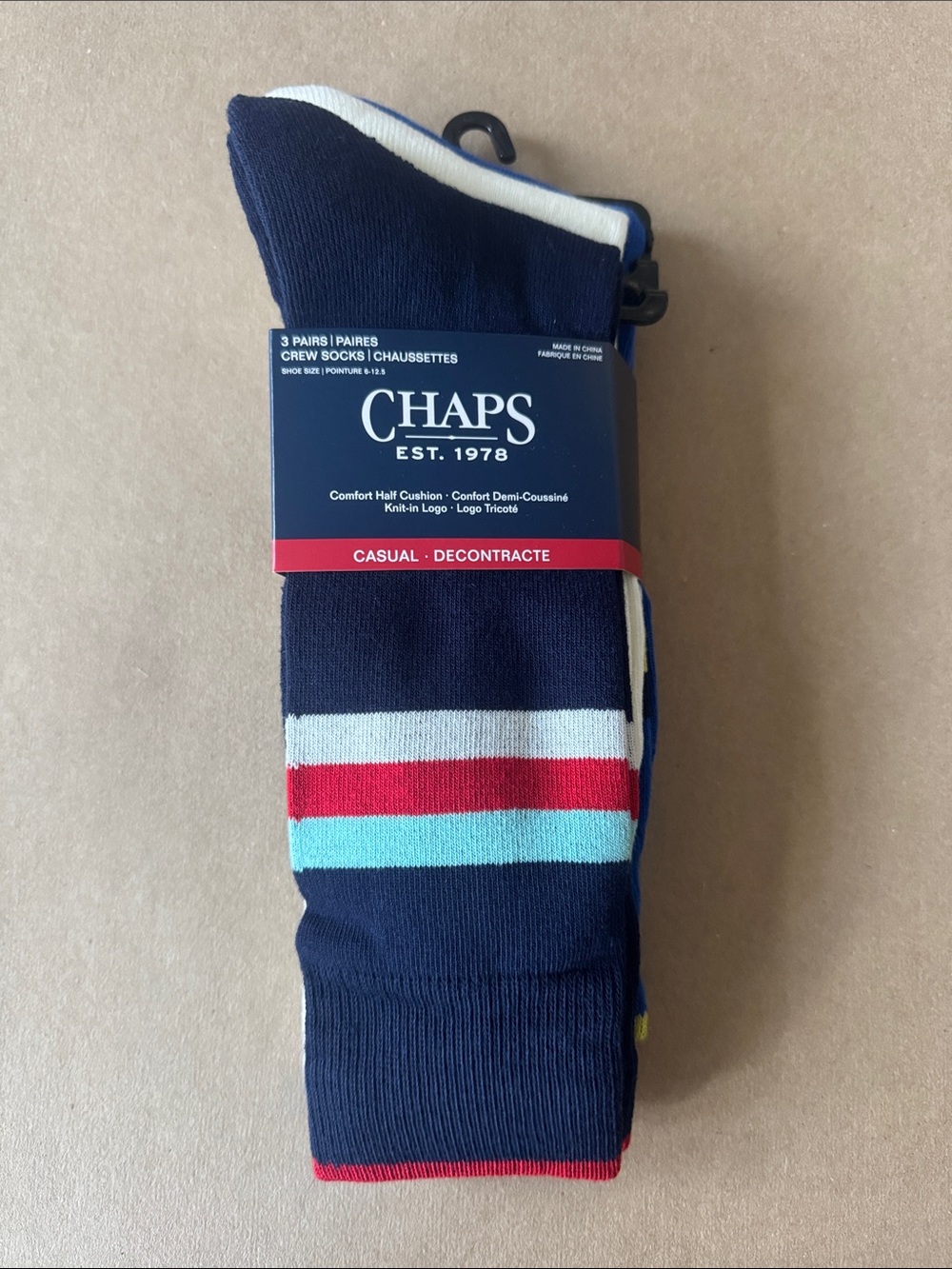 Chaps Navy Crew Men Socks with Red and Light Blue Stripes